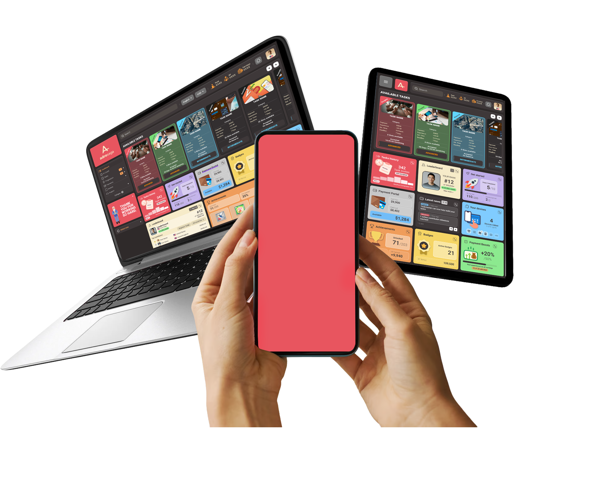 The Adrosaga app on a laptop, tablets and a phone